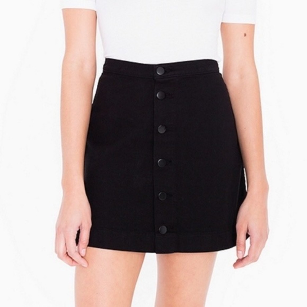 Black AA Denim Button Front A-Line Mini Skirt